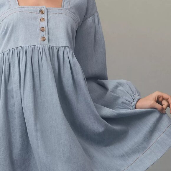 Anthropologie Long-Sleeve Square-Neck Denim Babydoll Mini Dress - Picture 2 of 3